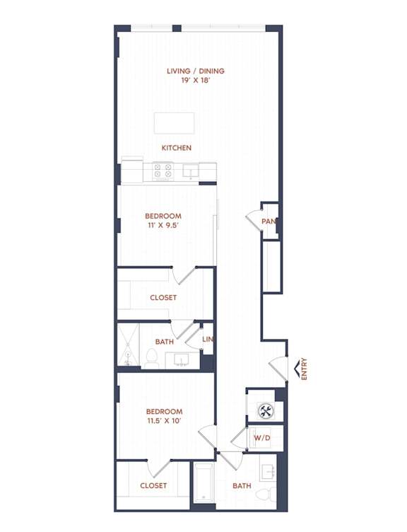 A floor plan of a small apartment with a living room, two bedrooms, a kitchen, and a bathroom.