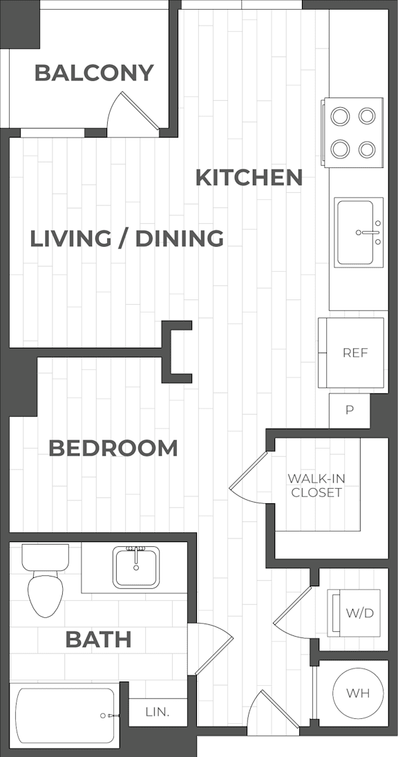 A floor plan of an apartment with a balcony, kitchen, living/dining area, bedroom, bathroom, and walk-in closet.