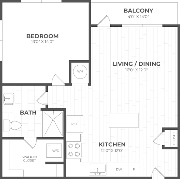 A black and white floor plan of a small apartment with a bedroom, bathroom, living/dining area, kitchen, and walk-in closet.