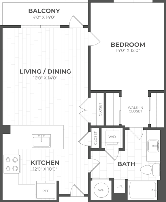 A floor plan of a small apartment with a balcony, kitchen, living/dining area, and bathroom.