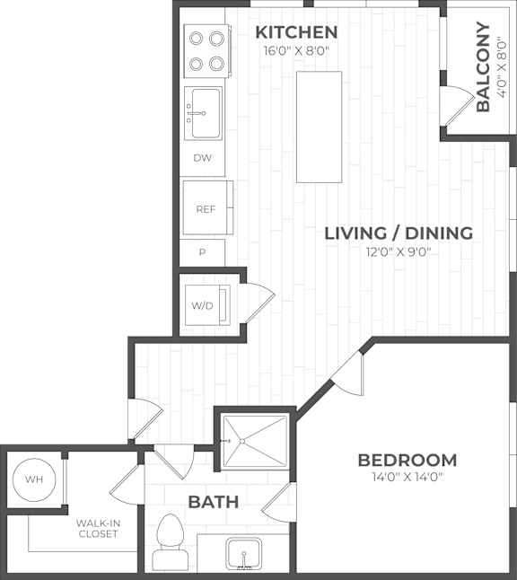 A floor plan of a house showing a kitchen, living room, dining room, bedroom, and bathroom.