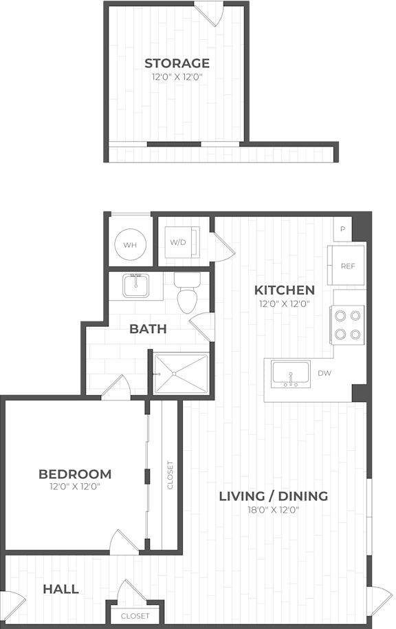 A floor plan of a house with a living room, kitchen, bathroom, bedroom, and storage area.
