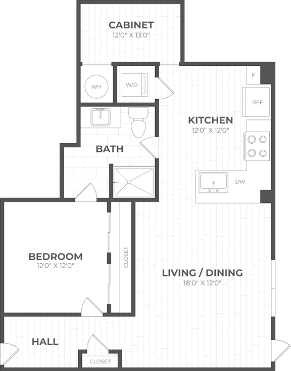 A floor plan of a house with a living room, dining room, kitchen, bathroom, bedroom, and hall.