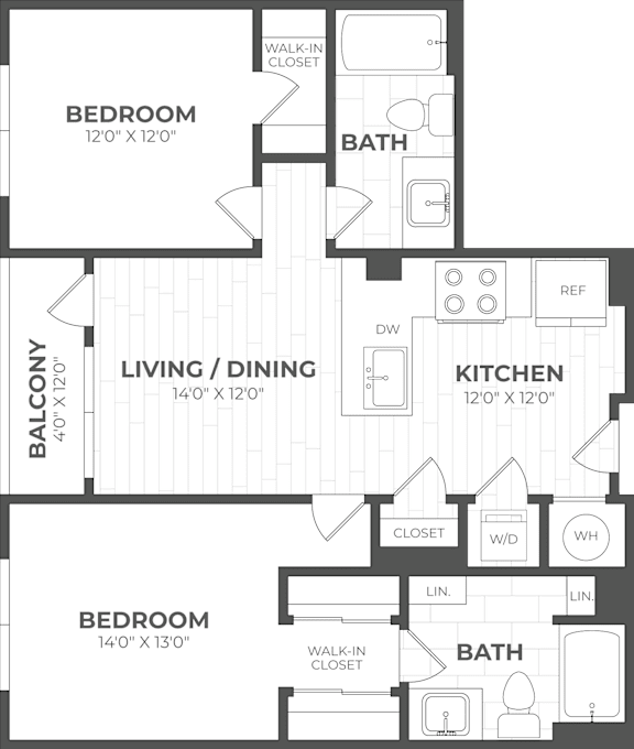 A floor plan of a house with three bedrooms, a living area, a kitchen, a bathroom, a walk-in closet, and a balcony.