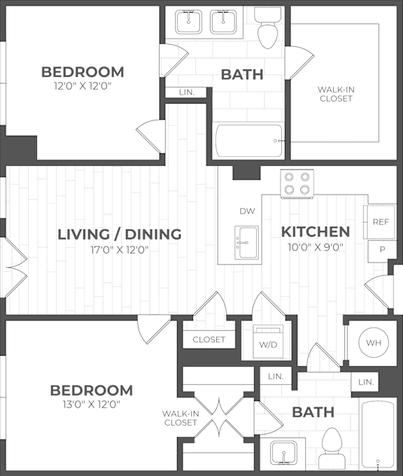A black and white image of a house floor plan with three bedrooms, a living/dining area, a kitchen, and two bathrooms.