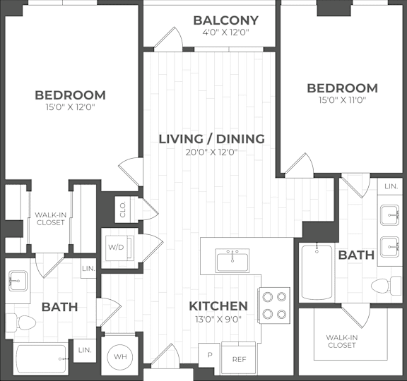 A black and white image of a floor plan for a two-bedroom apartment.