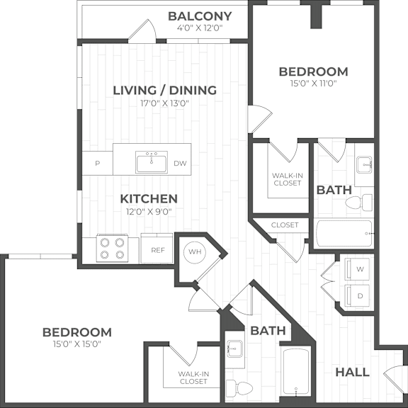 A black and white image of a floor plan for a balcony, living/dining area, kitchen, and bathroom.