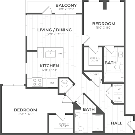 A floor plan of an apartment with a living room, dining room, kitchen, and two bedrooms.