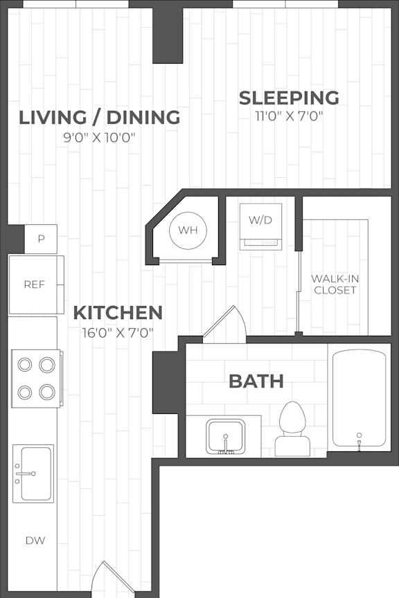A floor plan of a small apartment with a sleeping area, kitchen, and bathroom.