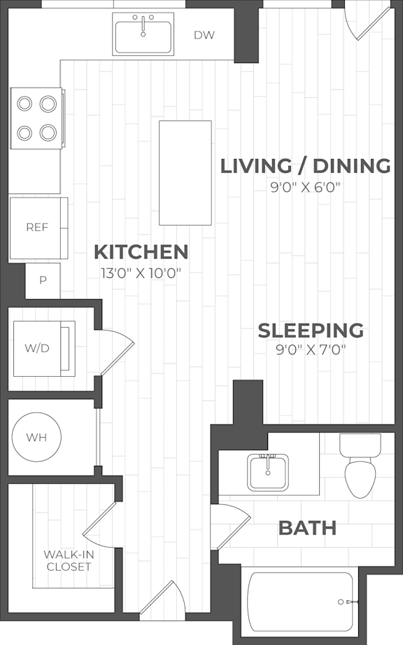 A floor plan of a small apartment with a kitchen, living room, and sleeping area.