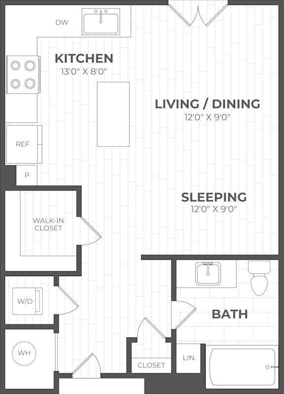 A floor plan of a small apartment with a kitchen, living/dining area, sleeping area, bathroom, and closet.