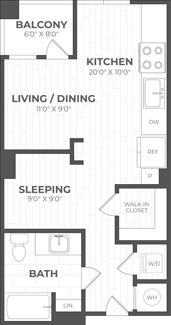 A floor plan of an apartment with a balcony, kitchen, living/dining area, sleeping area, and bathroom.