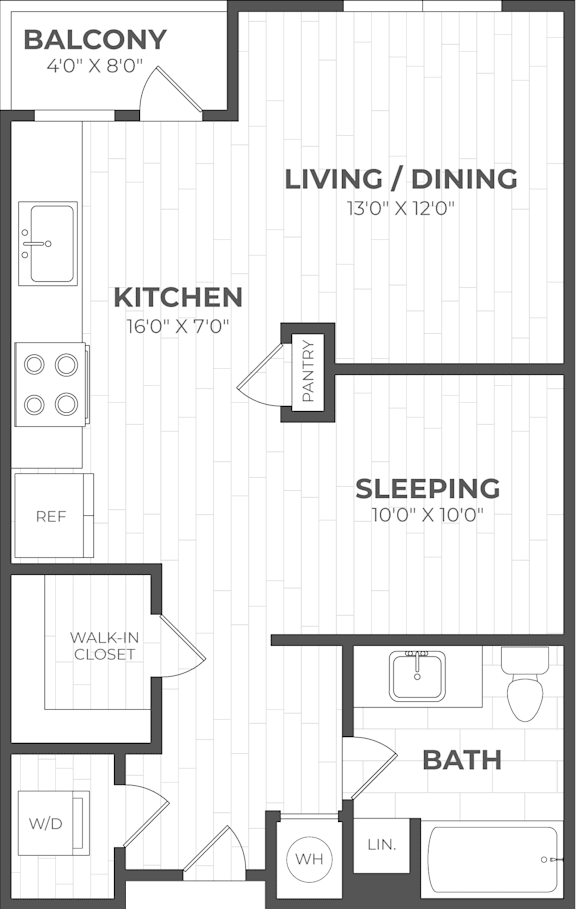 A floor plan of a small apartment with a kitchen, living room, and sleeping area.