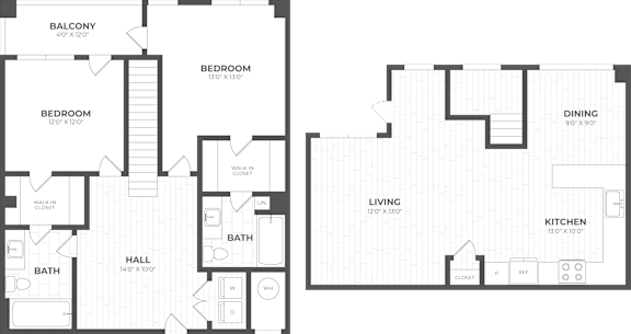 A floor plan of a house with two bedrooms, a living room, a dining room, a kitchen, a bath, and a hall.