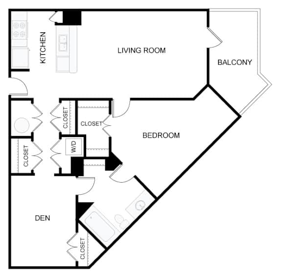 A black and white image of a floor plan for a home with a living room, kitchen, den, and bedroom.