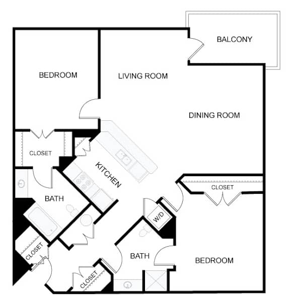 A black and white image of a floor plan for a house with a balcony.