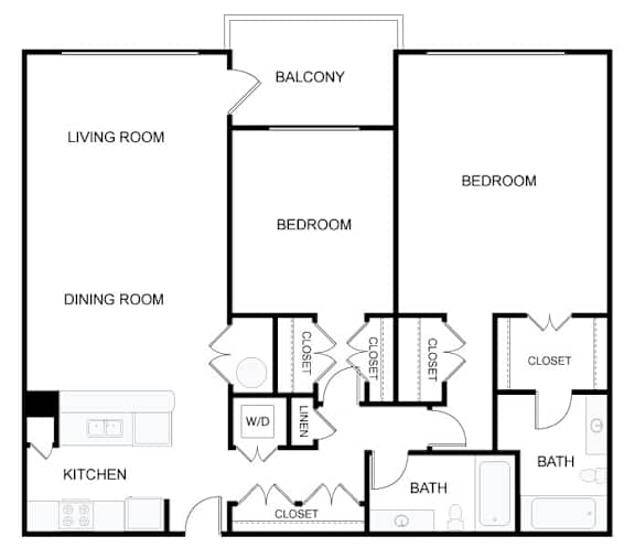 A black and white floor plan of a house with a living room, dining room, kitchen, two bedrooms, a balcony, and three bathrooms.
