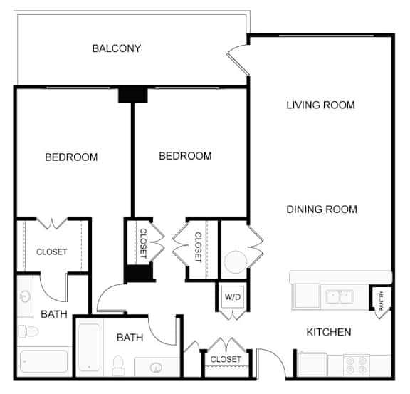 A black and white image of a floor plan for a house with two bedrooms, two bathrooms, a living room, a dining room, a kitchen, a balcony, and closets.