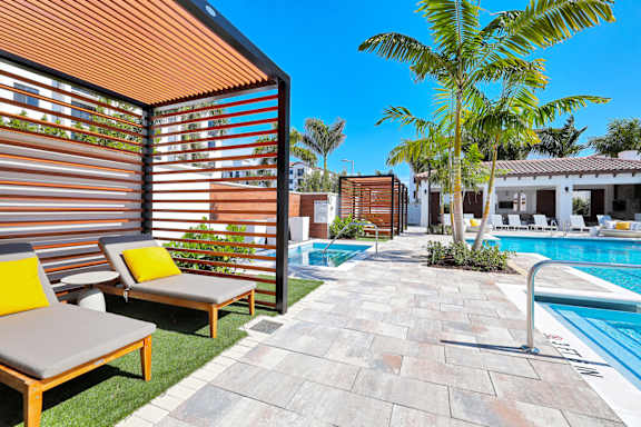 A patio with a pool and a palm tree.