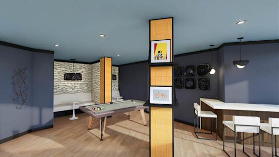 A room with a table, chairs, and a shelf with pictures and objects on it.