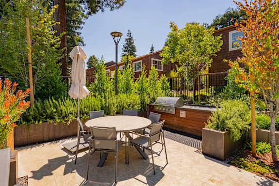 A patio with a table and chairs surrounded by trees.