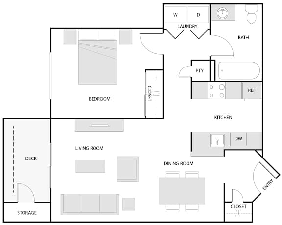 A floor plan of a house with a living room, dining room, kitchen, bedroom, and bathroom.