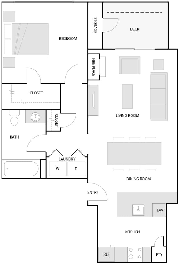 A floor plan of a house with a bedroom, living room, kitchen, and dining room.
