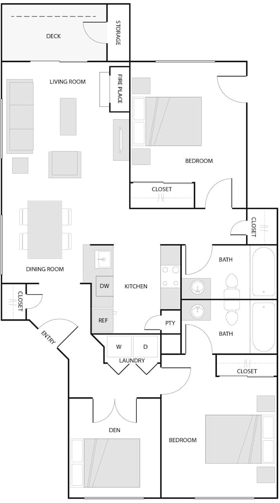 A floor plan of a house with a den, two bedrooms, a dining room, a kitchen, a laundry room, a bathroom, and a closet.
