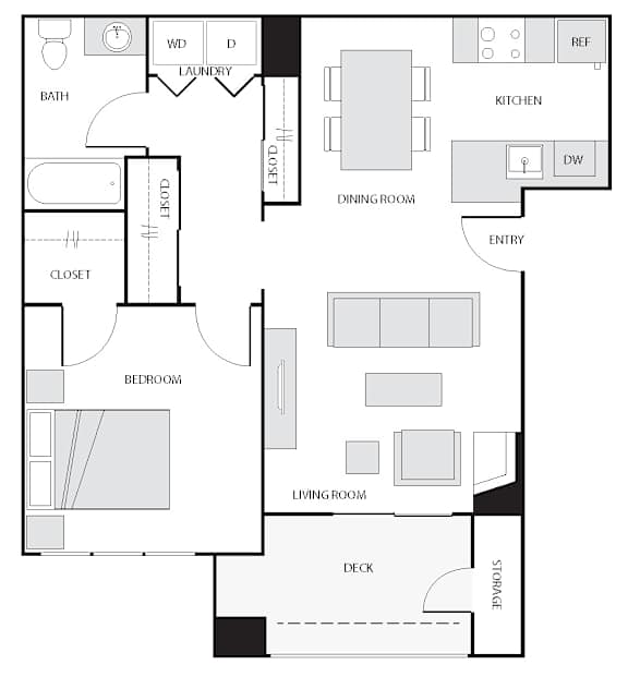 A floor plan of a house with a laundry room, bathroom, kitchen, dining room, living room, bedroom, and closet.