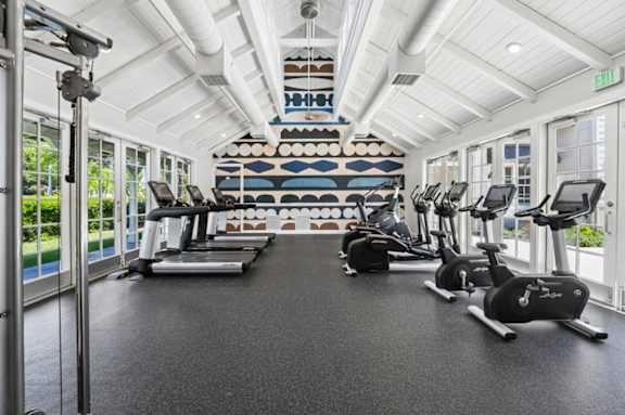 A gym with treadmills and exercise bikes.