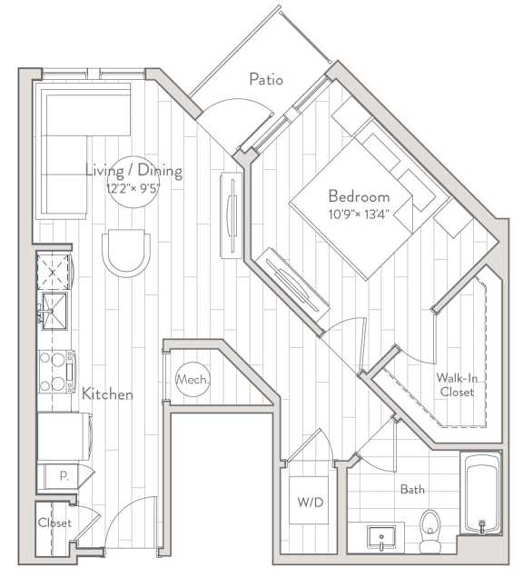 A floor plan of a house with a living area, kitchen, bathroom, and bedrooms.