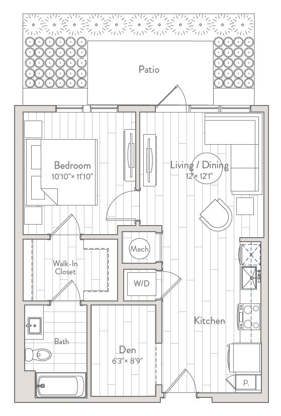 A floor plan of a house with a patio, bedroom, living room, dining room, kitchen, and bathroom.
