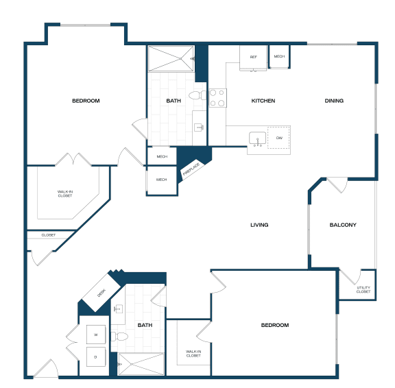 the floor plan of a 1 bedroom apartment with 2 baths