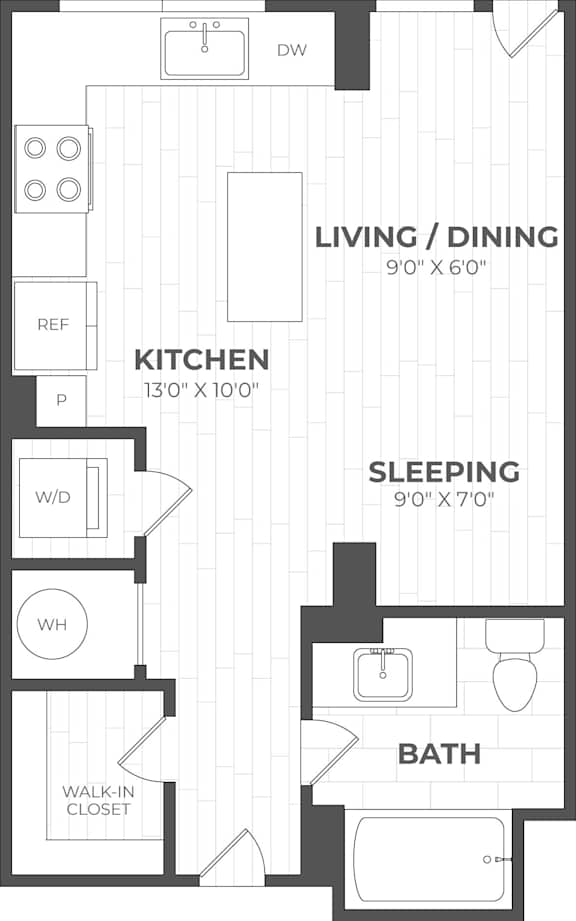 A floor plan of a small apartment with a kitchen, living room, sleeping area, and bathroom.