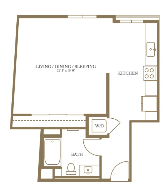 a floor plan of a studio apartment with a bedroom and a living room