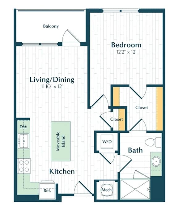 A floor plan of a small apartment with a living room, dining room, kitchen, bathroom, and bedroom.