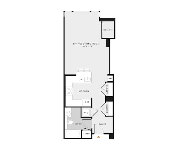 A floor plan of a home with a living and dining room, kitchen, bathroom, and foyer.