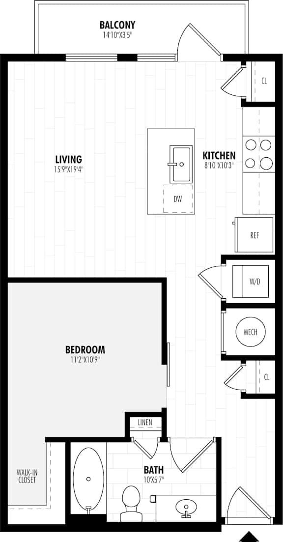A black and white image of a floor plan for a balcony, living room, kitchen, dining room, bathroom, and bedroom.
