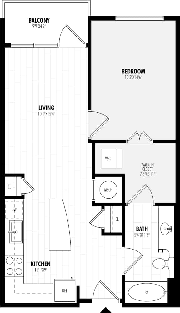 A floor plan of a one bedroom apartment with a living room, kitchen, bathroom and balcony.