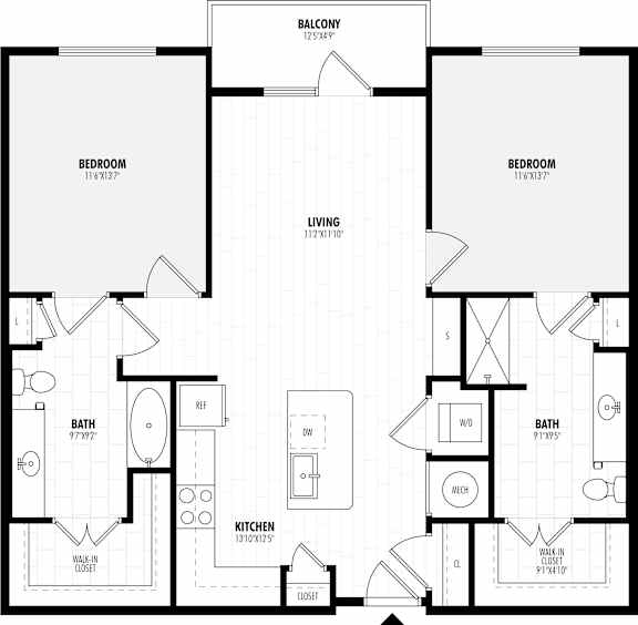 A black and white image of a floor plan for a two-bedroom apartment.
