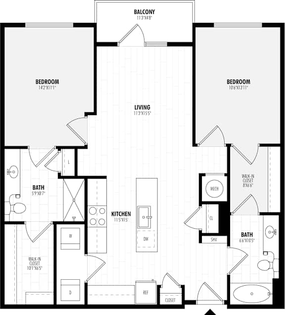 A black and white image of a floor plan for a balcony apartment.