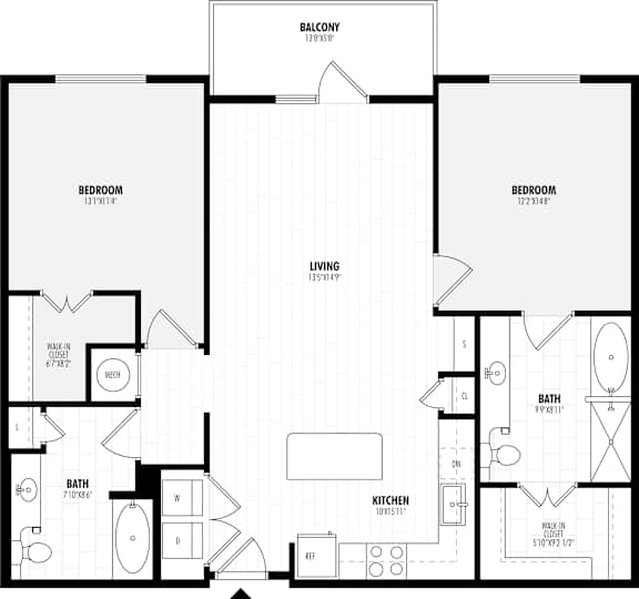 A black and white image of a floor plan for a home with a balcony, two bedrooms, a living room, a bathroom, a kitchen, and a walk-in closet.