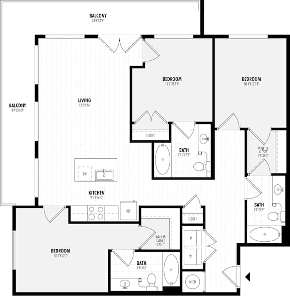 A black and white image of a floor plan for a house with a balcony, living room, kitchen, and multiple bathrooms.