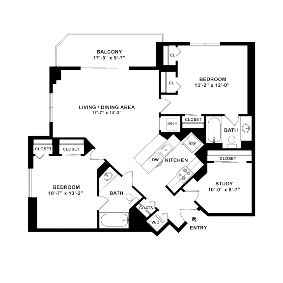 a floor plan of a house with three bedrooms and a living room