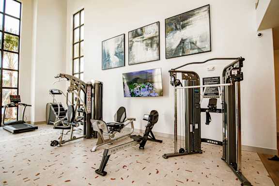 A gym with a row of exercise machines and a wall of framed pictures.