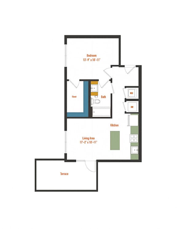 A floor plan of a house with a bedroom, bathroom, kitchen, and living room.