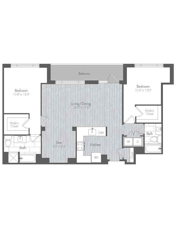 2 Bedroom / 2 Bathroom  with Den 1301sqft.