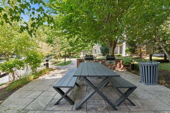 a picnic table in a park with trees