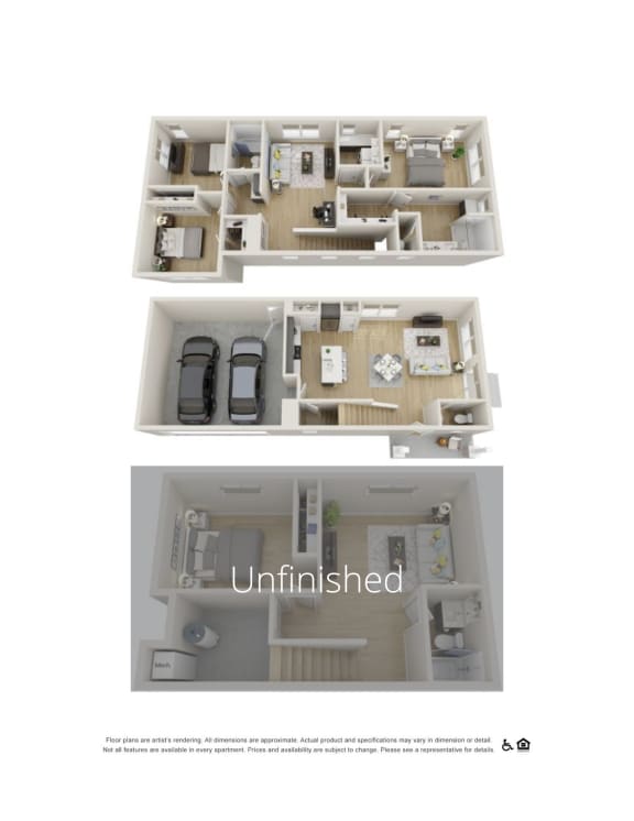 a series of 3d floor plans for an unfurnished apartment