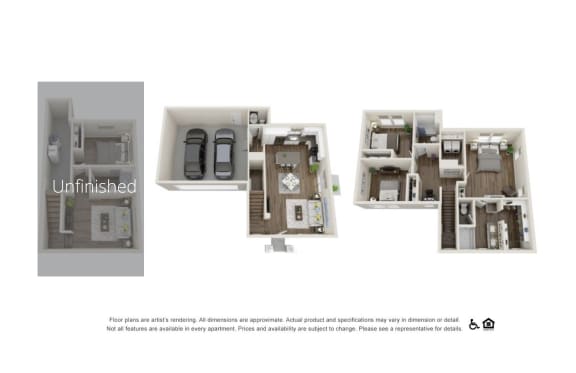 a 3d rendering of a 3 bedroom apartment